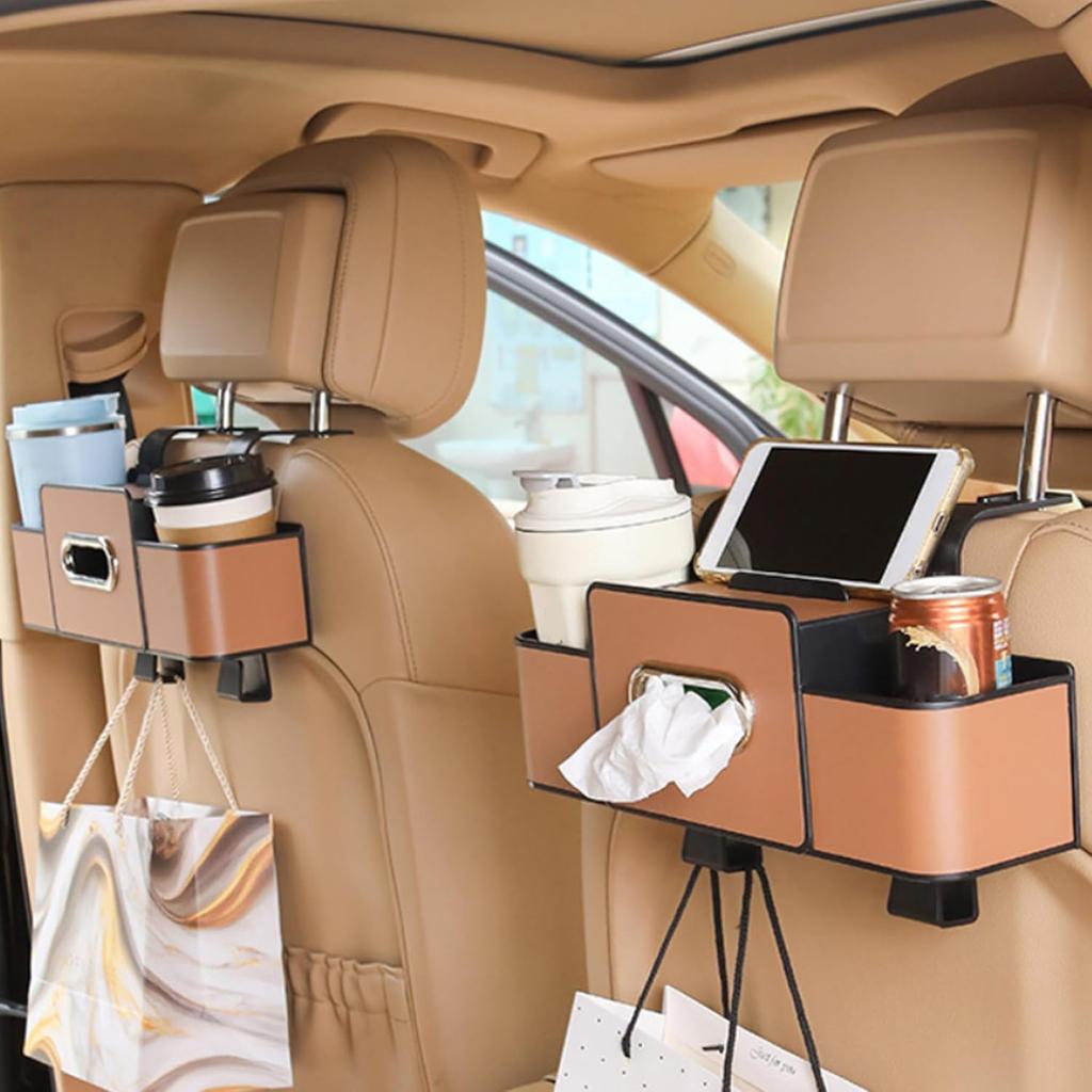 Car Rear Seat Storage Box With Cup Holder Tissue Box Trash Bin and Hook Backseat Organizer For Road Trips