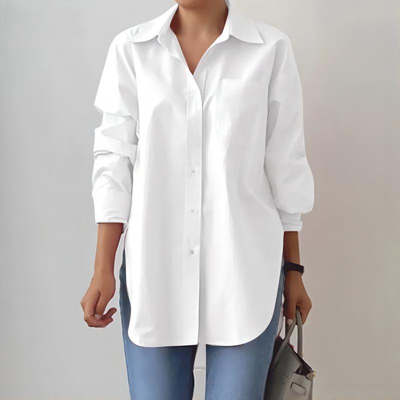 QICED Women's Fashion Casual Solid Color Print Long Sleeve POLO Neck Blouses & Shirts