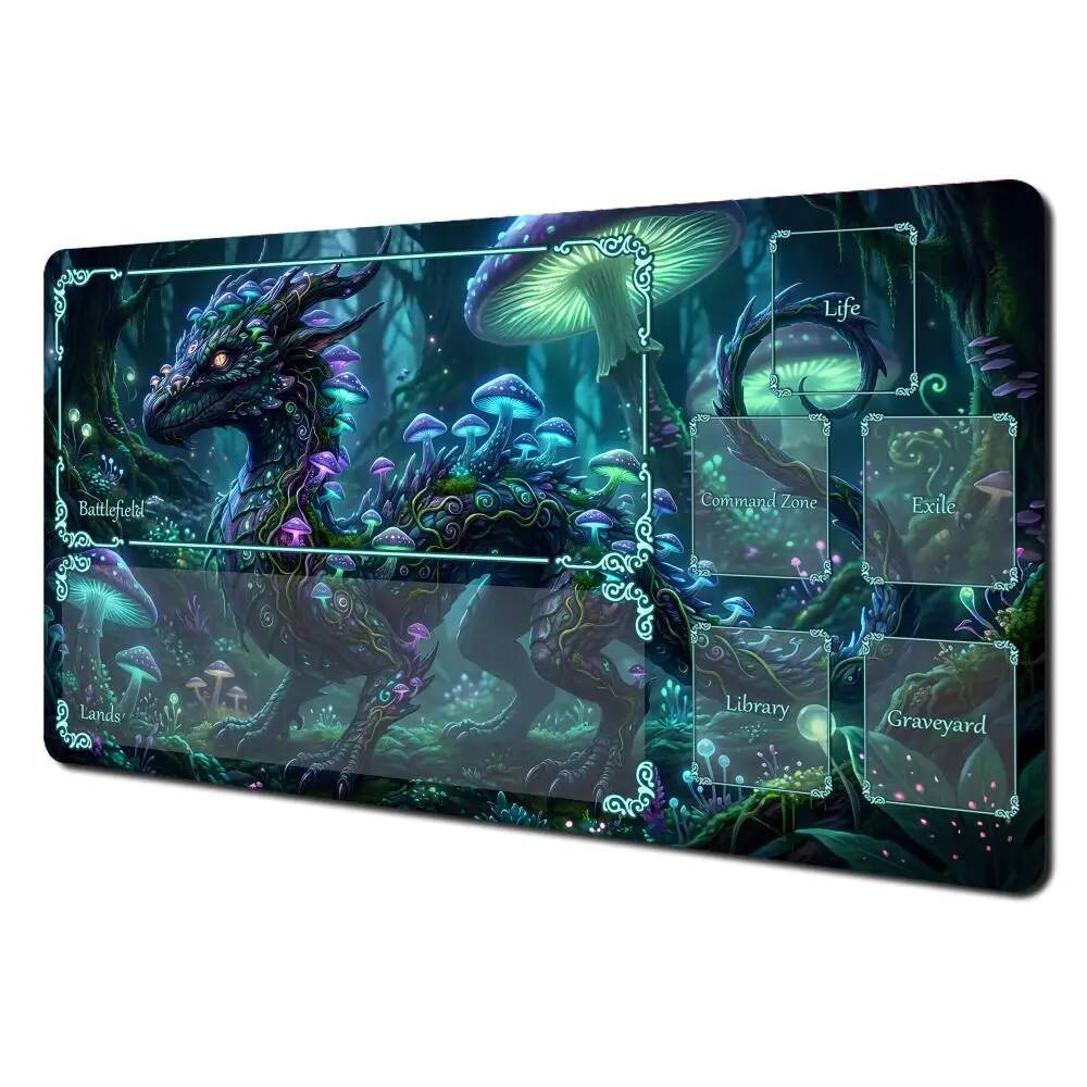 Glowing Mushroom Dragon MTG Playmat Fantasy Forest TCG Card Game Mat 30x80x0.2cm