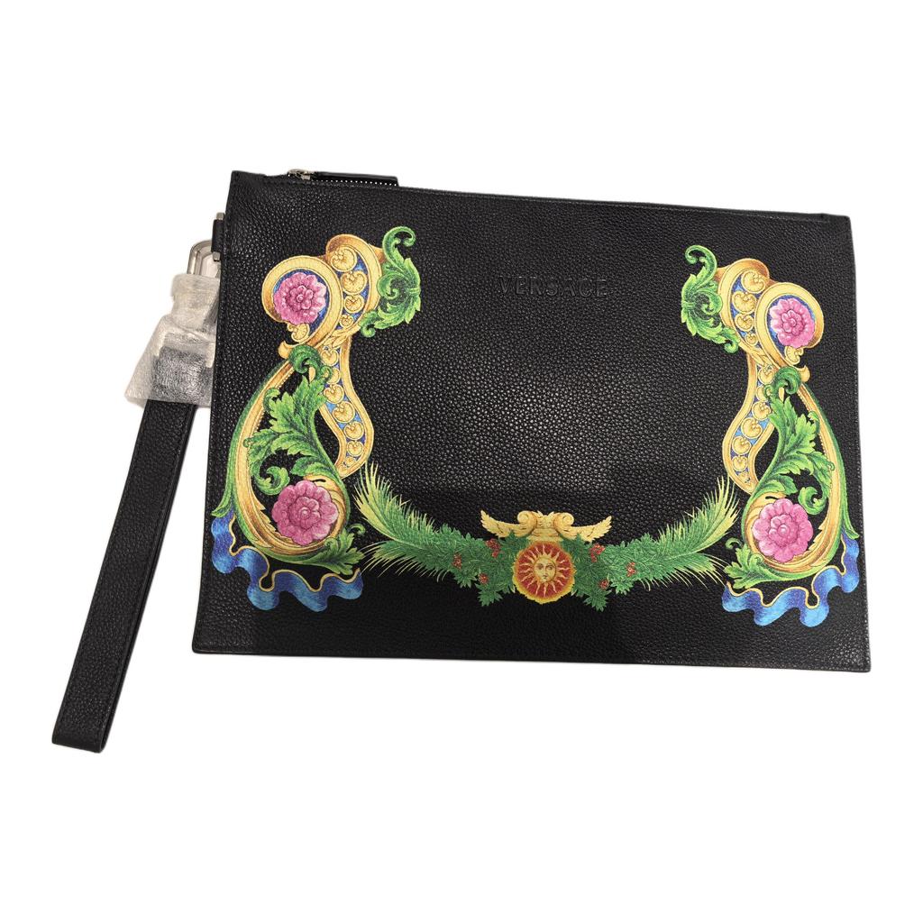 Versace Floral Collection Leather Clutch Bag Large Unisex Clutch Bag Black DP85102-DVSIG-D41MP