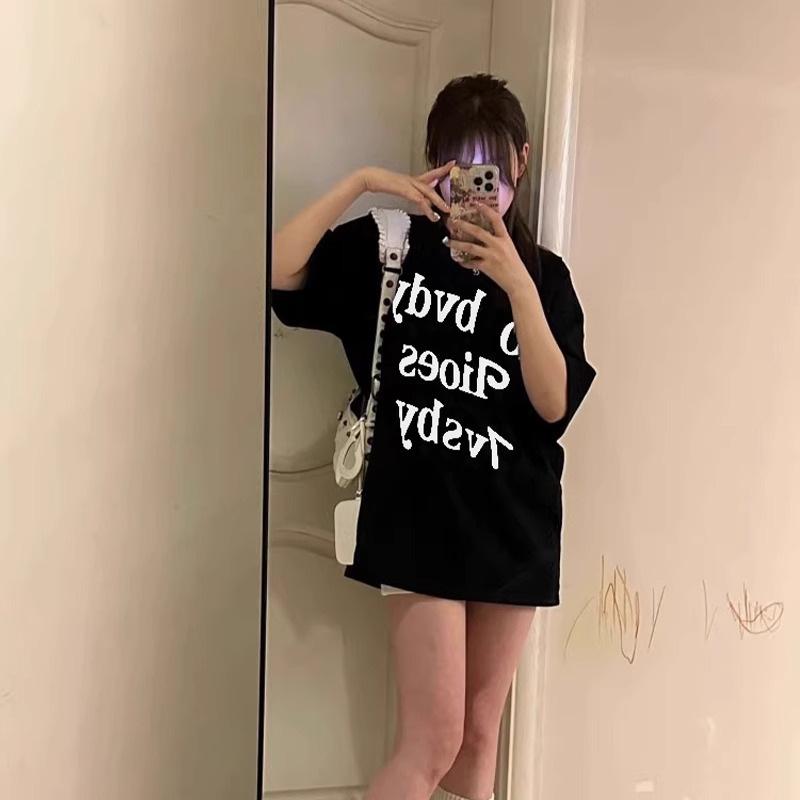 American retro high street heavy cotton shoulder short-sleeved T-shirt women's large size loose oversize half-sleeved top ins