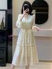 French Puff Sleeve Floral Chiffon Dress with Tie-Neck and Ruffle Collar, Slim-Fit Long Sleeve for Early Spring.