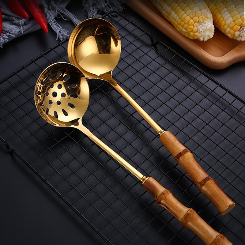 Stainless Steel Soup Spoon Colander with Wooden Handle Anti-scalding Hot Pot Scoops Serving Tablespoons Kitchen Utensils