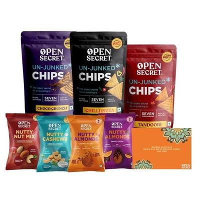 Open Secret Snacks Präsentkorb Geschenk-Kombi-Box I Nüsse-Kombi, Chips, Farbe, Karte I Firmengeschenke I Trockenfrüchte-Geschenkpackung
