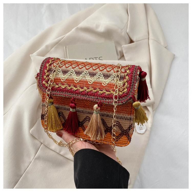 Ethnic Style Fringed Small Square Bag With Chain Strap For Daily Casual Wear