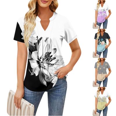 Damen Kurzarm Casual V-Ausschnitt Brustfalten Bedrucktes Loose T-Shirt Top