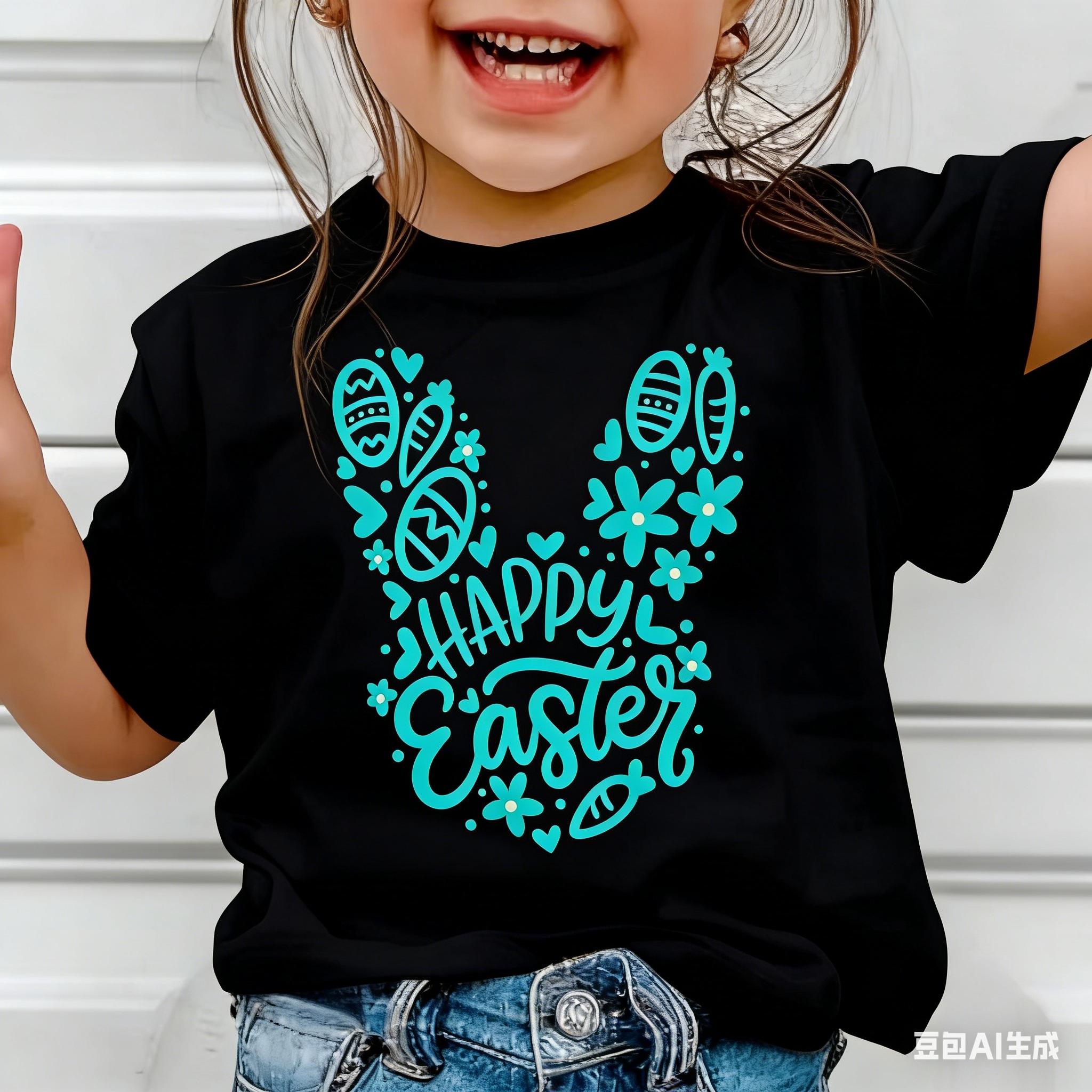 

Fashion Funny Letter Flowers Bunny Print Kids Short Sleeves T-Shirt Loose Casual Summer Outdoor Street Boy and Girl Tees Tops 100
