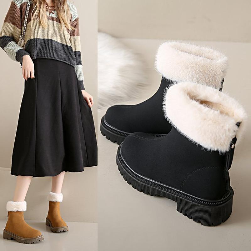 Snow Boots Women's Autumn and Winter New Round Head Large Size Thick Heel Velvet Warm Zipper Comfortable Cotton Shoes