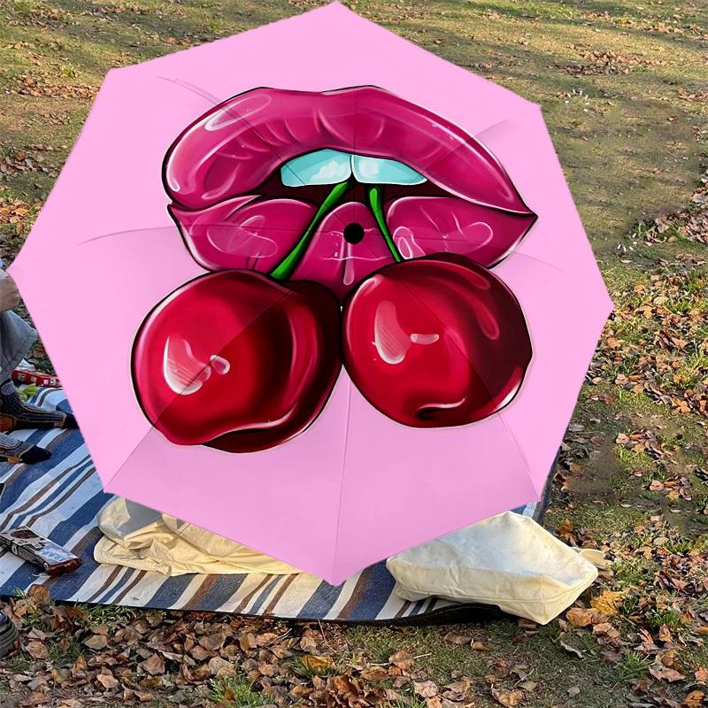 1pc Lips Cherry Automatic Open/Close Umbrella Compact Folding Umbrella with 8-Rib Shaft for Women/Men, Elegant Birthday1122S