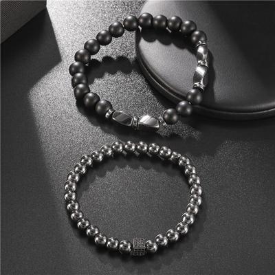 2pcs Set Men's Black Beaded Stone Wooden Wristband Bangle Bracelet Cuff Birthday