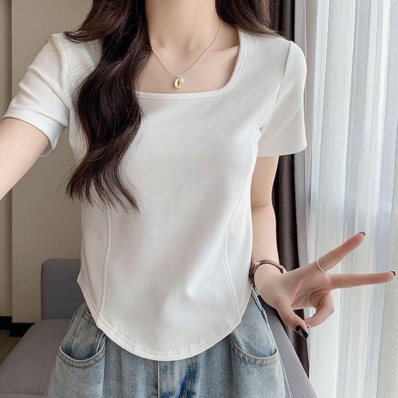 Youa and sassy right shoulder square collar short-sleeved slim T-shirt women's European summer new age-reducing fishbone short shirt