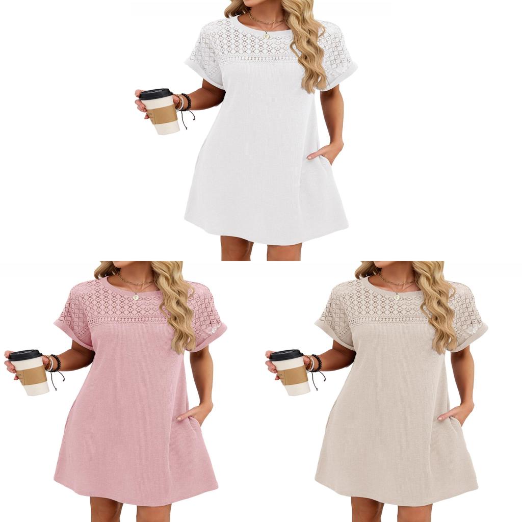 Dress Short Sleeve Lace Panel A Line For Casual Wear