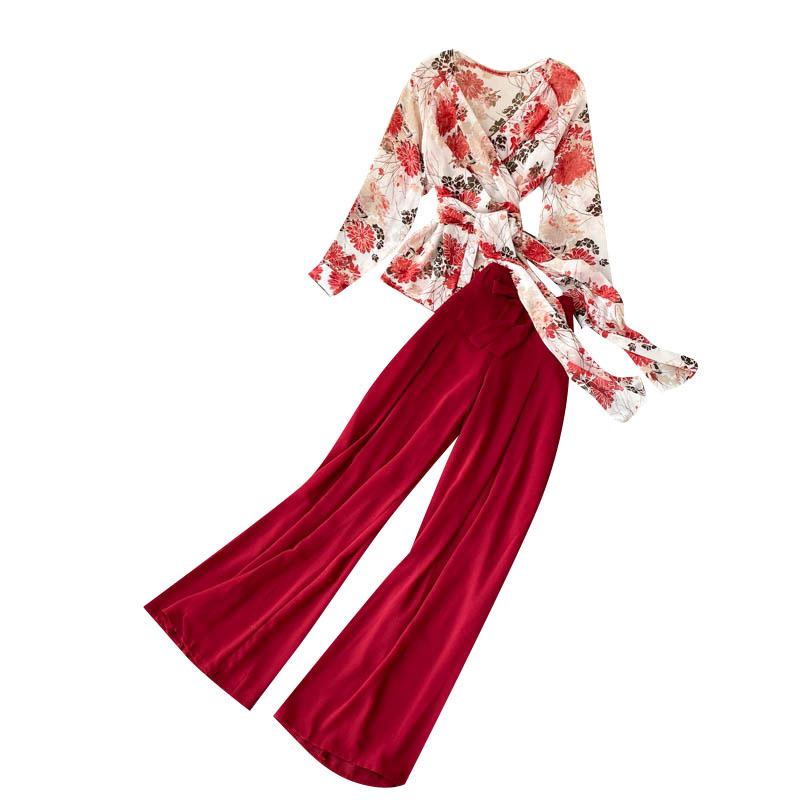 Chiffon Floral Top Set Casual V Neck Bandage Blouse Ladies Loose Wide Leg Trousers Suits Summer 2 Pieces Sets