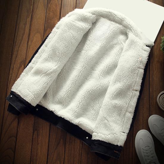 Men Jean Jacket Plush Lining Single Breasted Turndown Collar Solid Color Long Sleeve Coldproof Winter Thicken Lapel Denim Coat for Trip