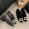 Premium Gray Thick Heel High Heel Square Head Rhinestone Single Shoes Women's Season Velvet Mary Jane Shoes