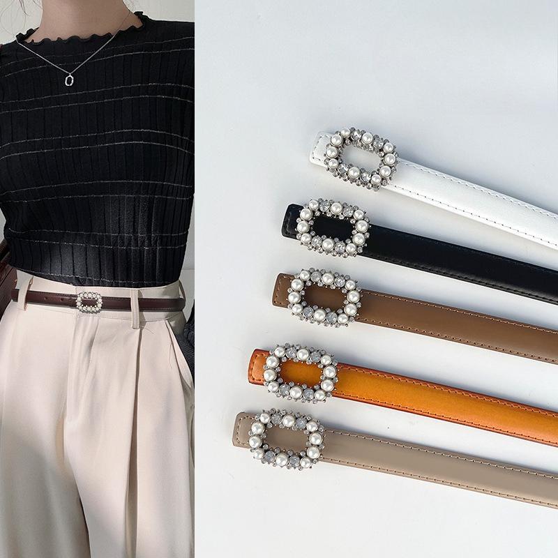 Slim Genuine Leather Women's Belt Decorative Casual Pants Jeans Inlaid with Pearl Rhinestones Sweet and Fashionable Women's Belt