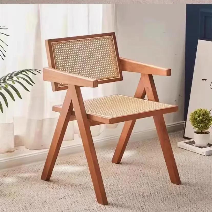 Medieval Modern Armchair - Wooden Frame and Rattan Weaving Design, Accent Chair for Dining Room and Living Room, Lounge Chair