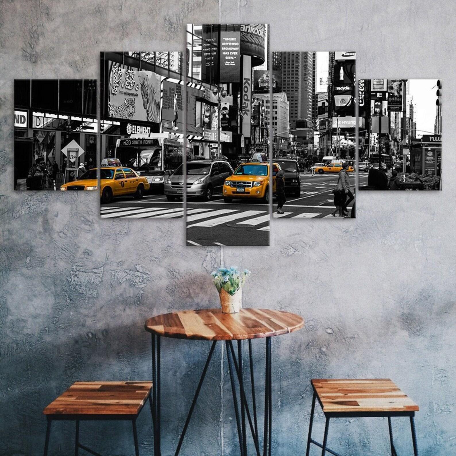 

New York City Street Yellow Taxi Cars Black White Scenery 5 Piece Five Panel Wall Canvas Print Modern Art Poster Home Decor Gift For Him Her 20X35 20X45 20X55CM