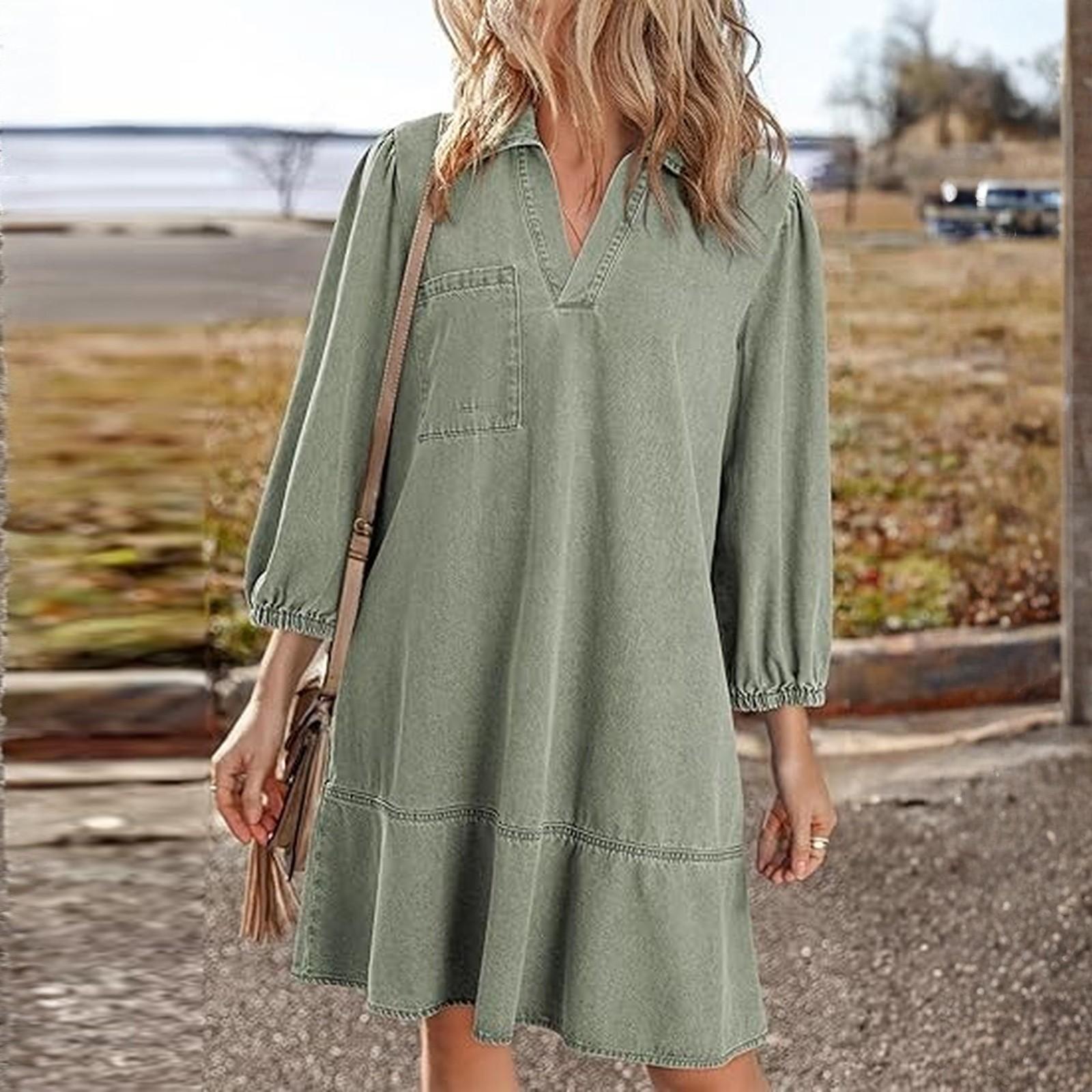 

Women s Fashionable Loose V-neck Dress L зелений