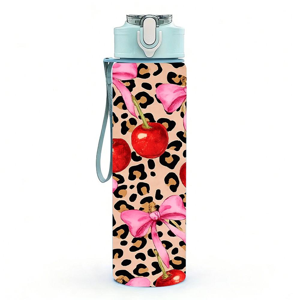 1PC Leopard Print Red Cherry Fruit Print 750ml Color Plastic Sports Water Bottle Leakproof Flip Straw Lid Suitable for Sports Office Home Use