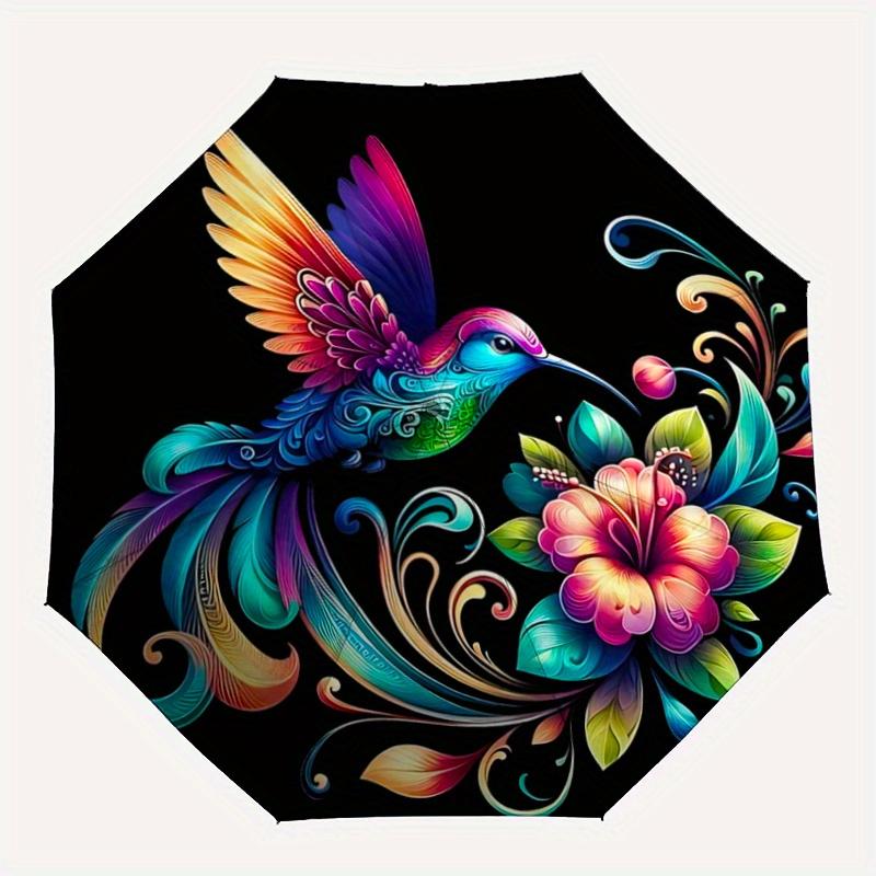 1pc Colorful Hummingbird with Floral Fantasy Pattern Beautiful Looking Automatic Folding Umbrella, 3 Folding, 8 Iron Frame Design, Durable and Su