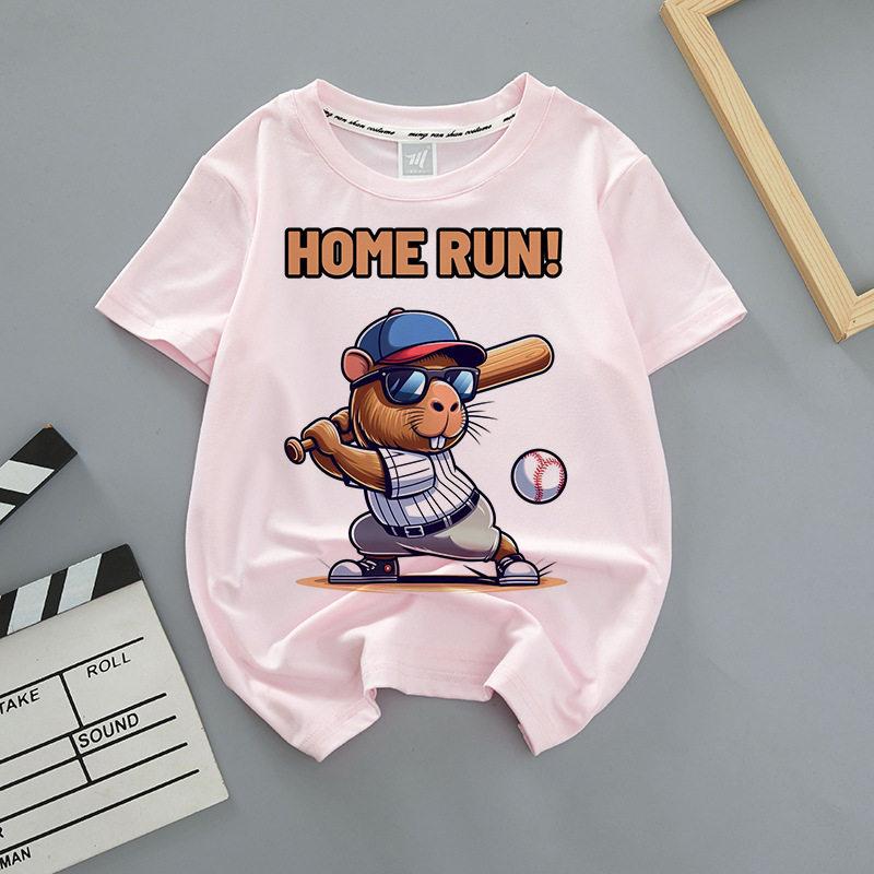 Capybara Summer Childrens Wear Shortsleeved Capybara Cute Childrens Roundneck Pink Trendy Brand Breathable Tshirt