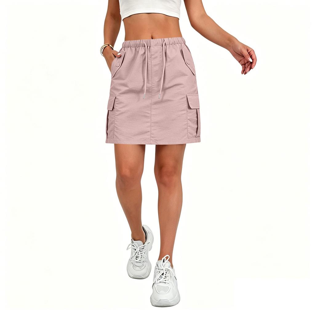 Women's Casual Mini Skirt with Drawstring Waist and Pockets Utility Style Lightweight Workwear Skirt Suitable for Everyday Wear