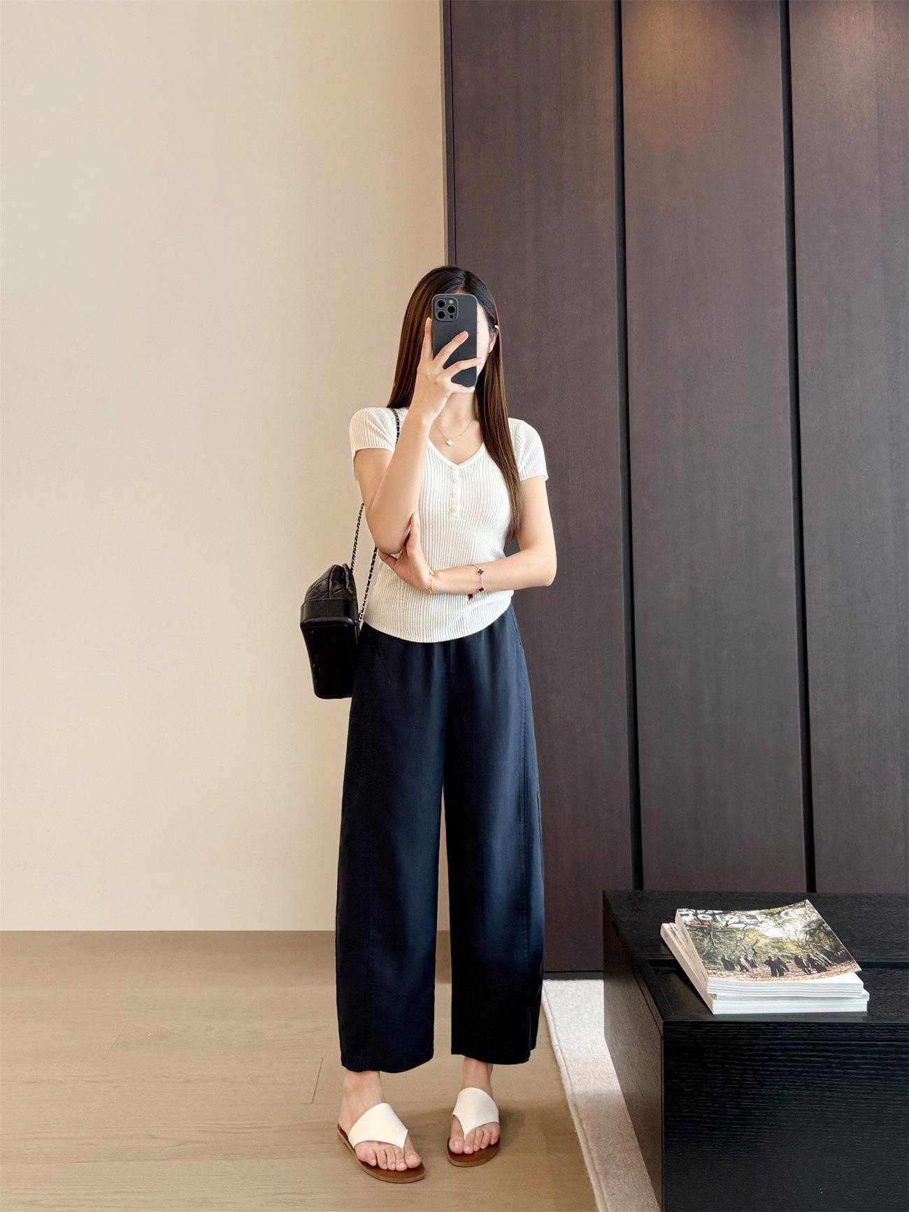 Women s Tencel Linen Straight Cropped Pants for Spring/Summer Extra Large темно-синий