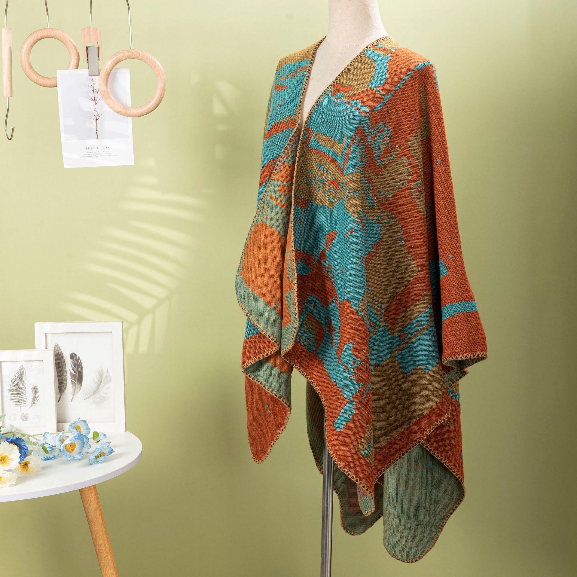 

Multi-Color Block Retro Long Style Simple And Generous Elegant Shawl Cape Women S Office Warm Cardigan 132*147CM