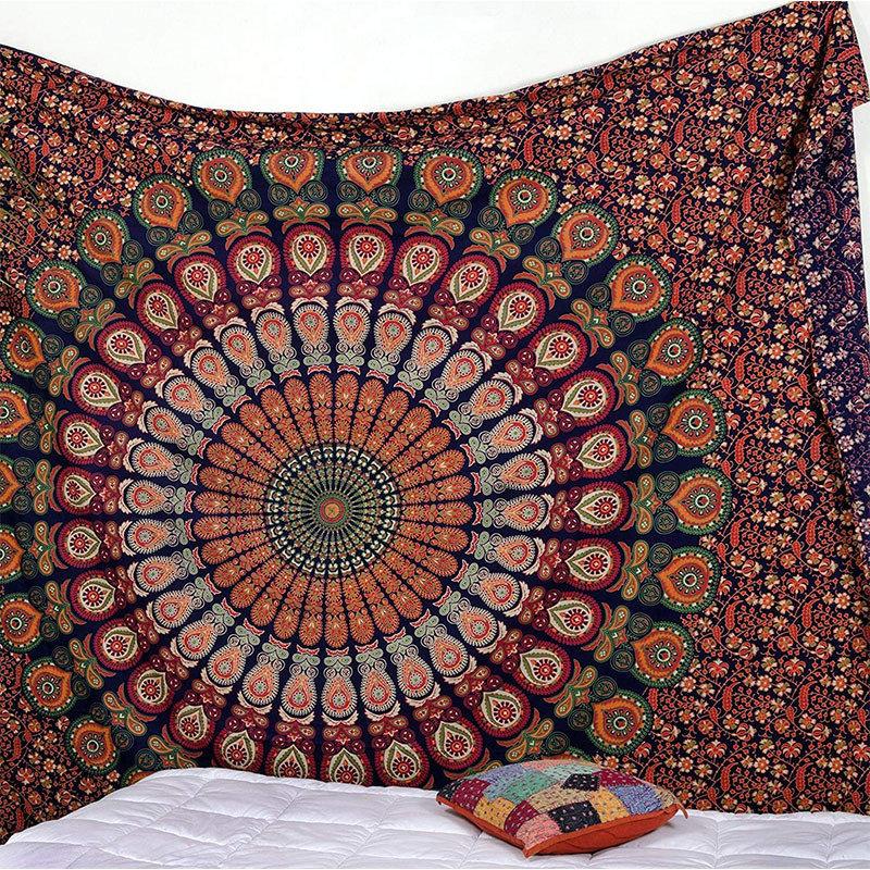 Dark Navy Red Orange Mandala Tapestry Wall Hanging Indian Hippie Bohemian Medallion Aesthetic Wall Art Bedroom Dorm Decor