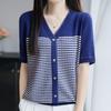 NaVaVa V Neck Short sleeVe Knit Cardigan Color Block Striped Nk3078
