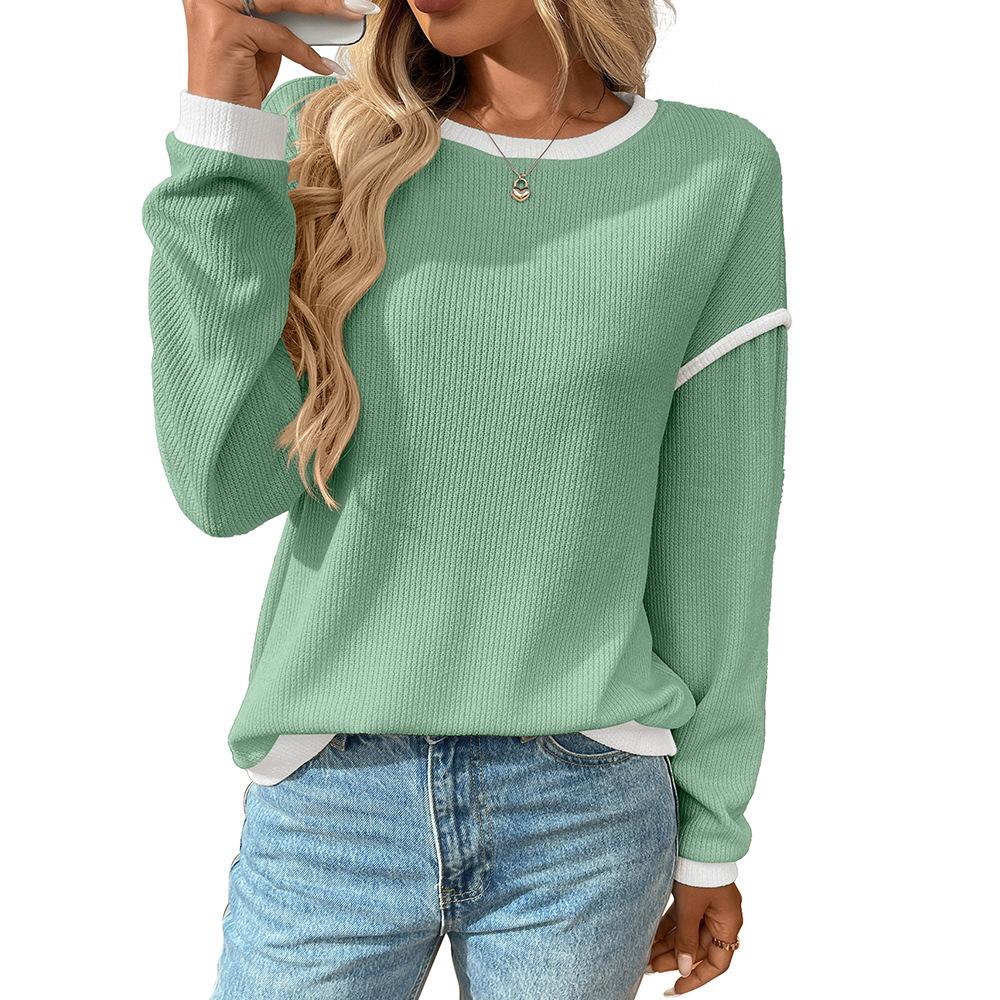 Women's Crew Neck Long Sleeve Top Loose Fit Streetwear Casual Sweater Color Block Patchwork Pullover Fall Knit Waffle Shirt