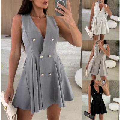 A New Summer Solid-color Double-breasted V-neck Sleeveless Suit Dress with A Cinched Waist