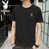 PLAYBOY Short-Sleeve T-Shirt for Men, Summer Men's Top, Trendy Loose-Fit Solid Color Pure Cotton Undershirt, Black, 3XL