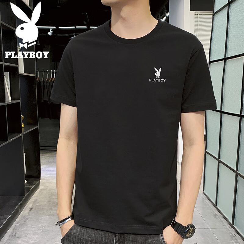 PLAYBOY Short-Sleeve T-Shirt for Men, Summer Men's Top, Trendy Loose-Fit Solid Color Pure Cotton Undershirt, Black, 3XL