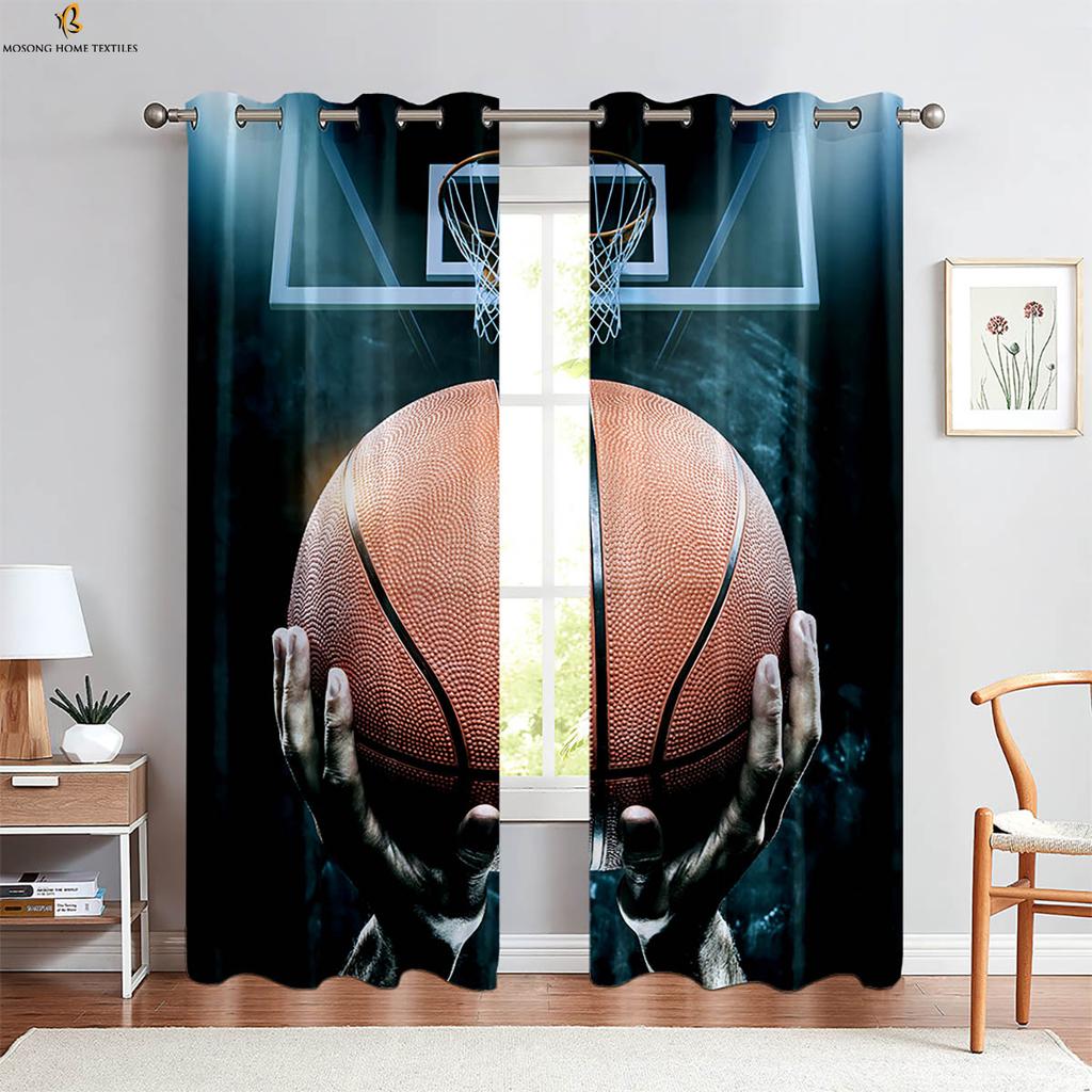 2-delade Flamma Basketboll 3D-tryckta Gardiner Polyesterfiber Maskintvättbara Sovrum Vardagsrum Kök Dekorativa Gardiner