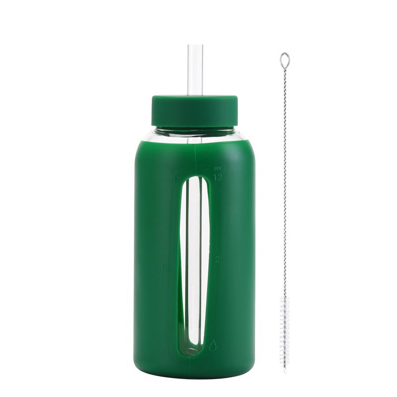 

Glass Silicone Cover Time Scale Water Cup With Straw 800Ml Large Capacity Portable Outdoor Cup 800ml зелёный