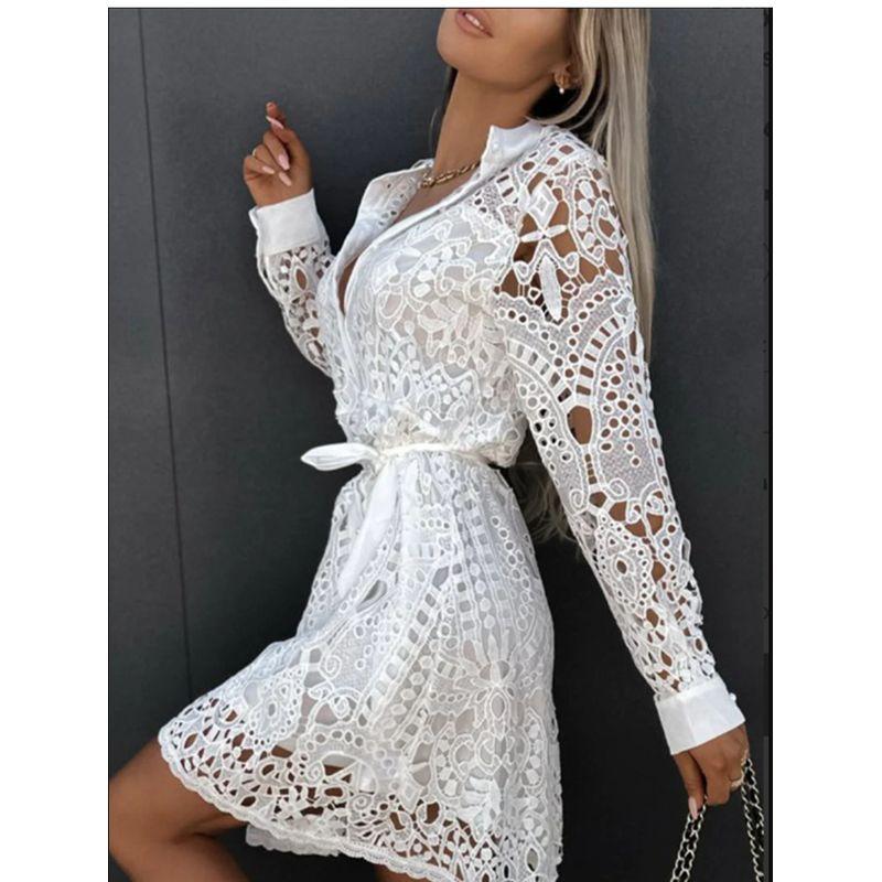 

Women s White Mesh Long Sleeve Fitted Waist Shirt Dress White 2 XL