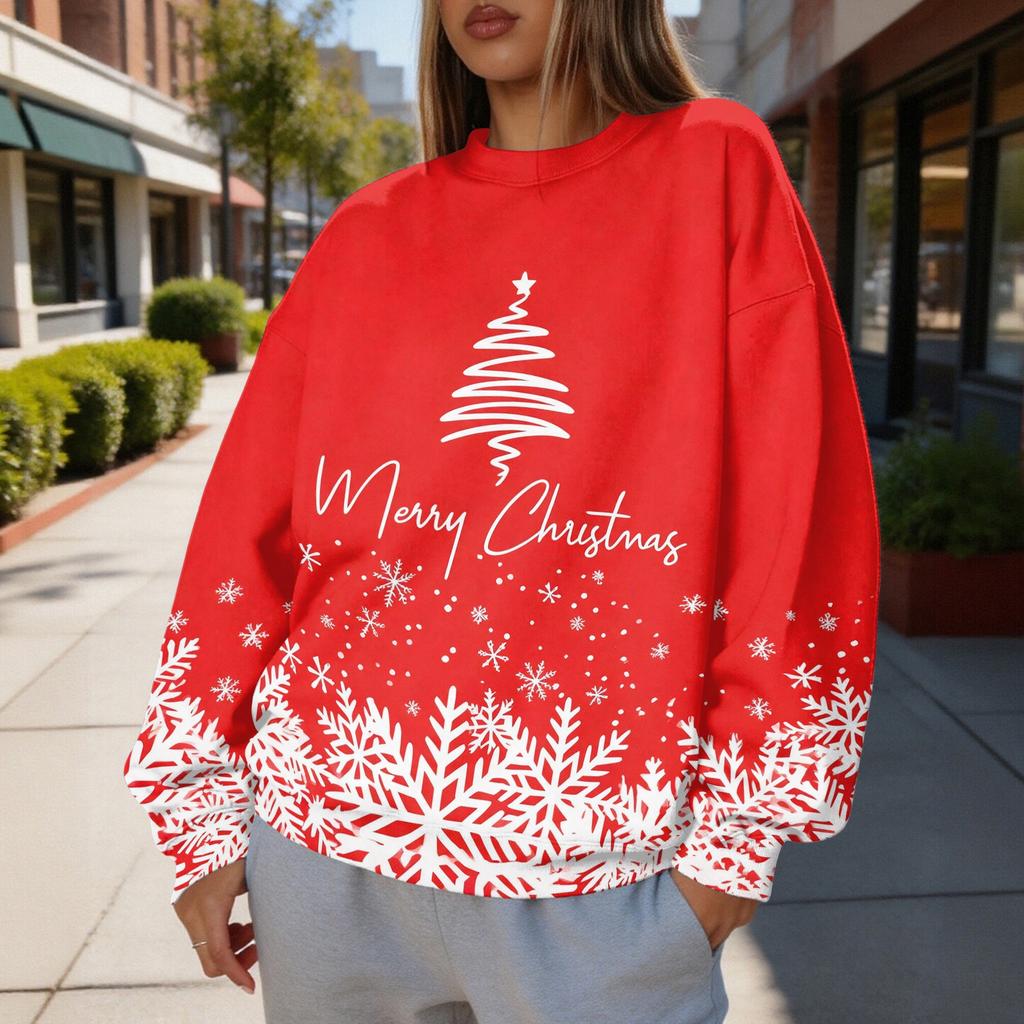 Women's Trendy Christmas Print Crewneck Sweatshirt Lightweight Casual Pullover Top