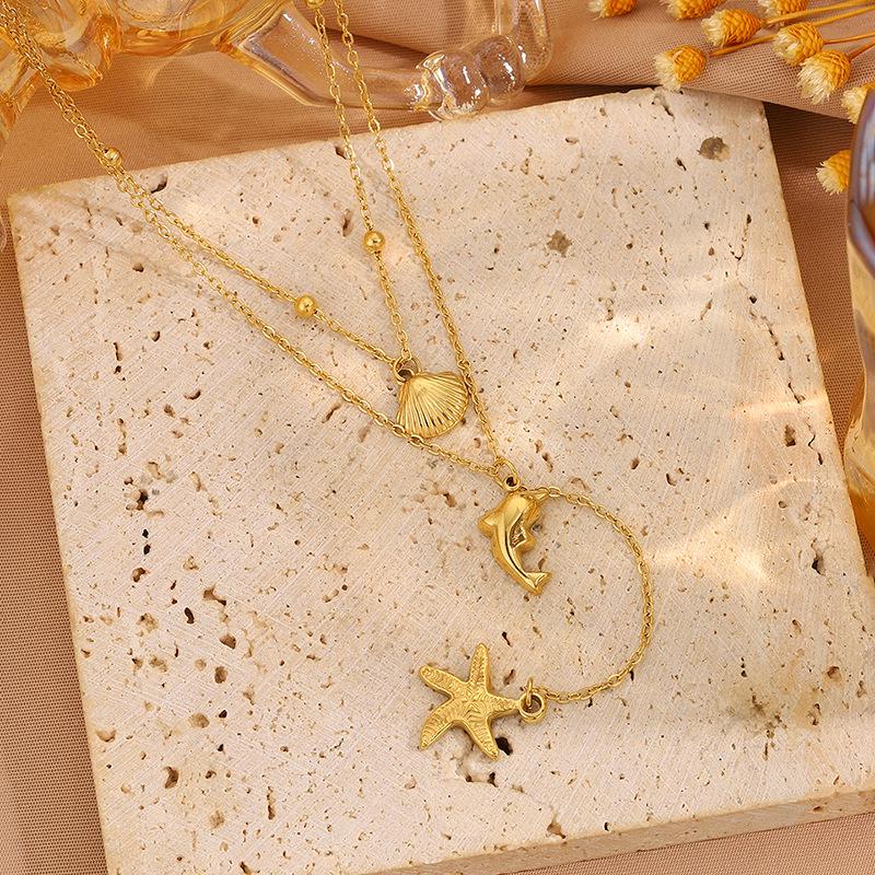 High-End Starfish Seashell Double-Layer Titanium Steel Necklace for Women