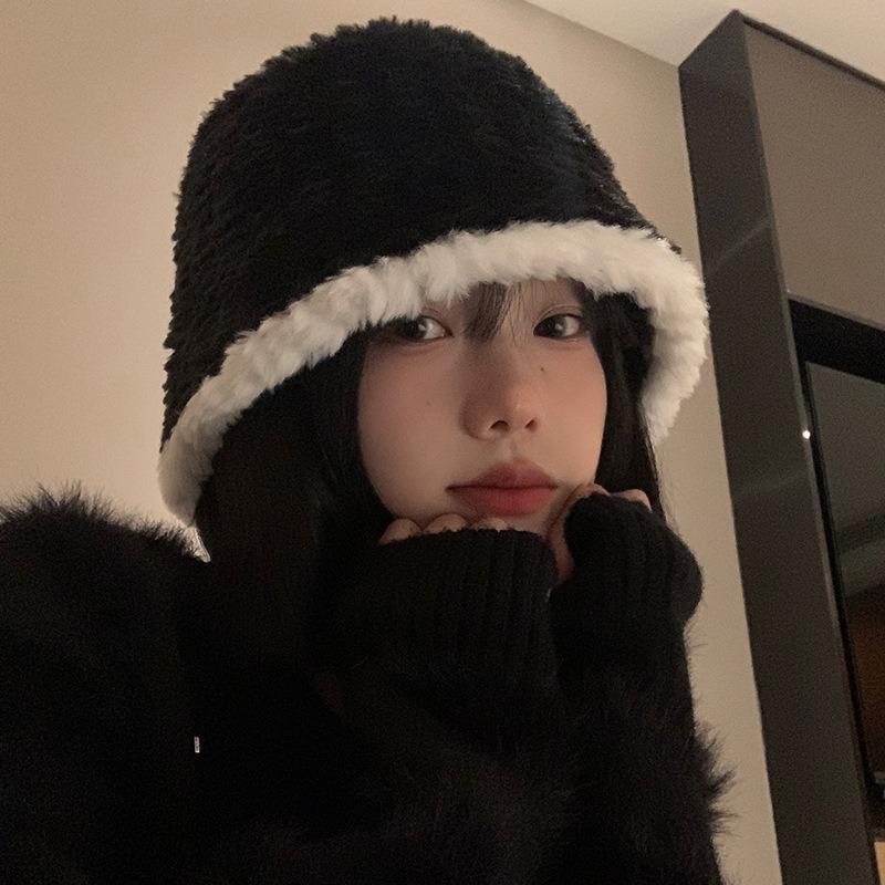 Autumn and Winter Fisherman Female Versatile Plush Basin Hat Plain Face Big Head Circumference Bucket Warm Face Small Face Covering Knitted Hat