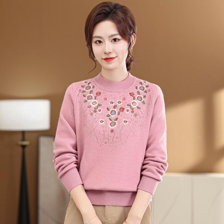 Middle-aged Mothers Autumn and Winter Base Shirt New Style Middle-aged and Elderly Women's Sweater Winter Plus Velvet Thick Knitted Top