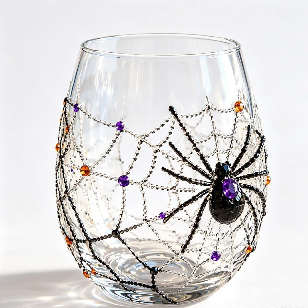 2D Halloween Artisan Glassware Collection, Drinking Glasses with Raised Pumpkin Ghost Black Cat Web Design, Spooky Clear Cups for Cocktails Juice