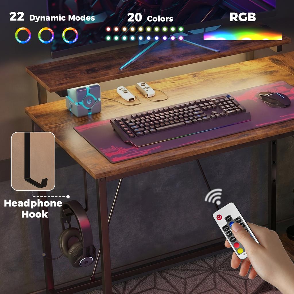 Reversible 'L' LED Light Gaming/Work Desk - Rustic Brown