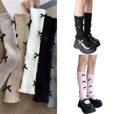 Sweet Girls Leg Warmers Women Ribbed Knit Foot Covers Elegant Bowknot Ruffled Trim Boot Cuffs Footless Long Calf Socks