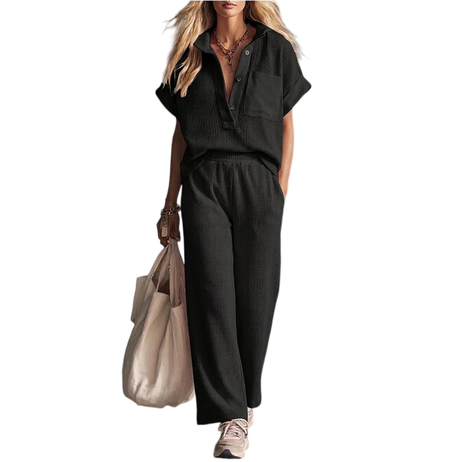 

Short Sleeved Fashionable Casual Pants Two-piece Set L чёрный