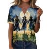 Women's Casual Halloween Printed V-Neck Short Sleeve Button Front T-Shirt Top