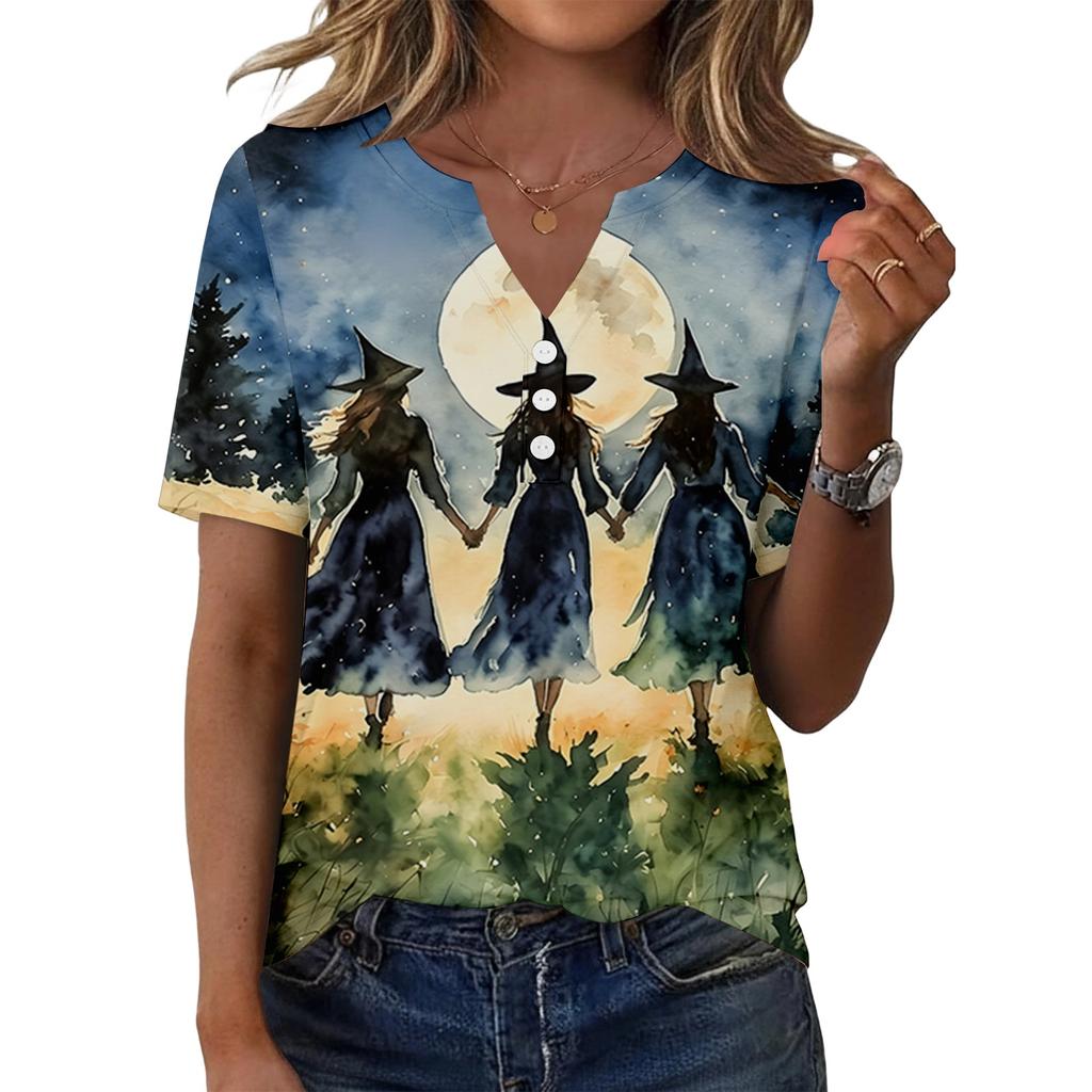 Women's Casual Halloween Printed V-Neck Short Sleeve Button Front T-Shirt Top