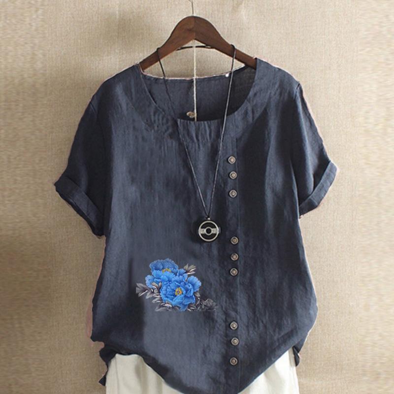 Women's Fashion Round Neck Short Sleeve T-shirt Casual Cotton Linen Graphic Shirt Leisure Loose Blue Flower Prined Summer Blouse Tops