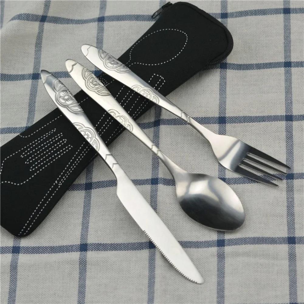 3pcs Set Dinnerware Portable Printed Stainless Steel Spoon Fork Steak Knife Set Travel Cutlery Tableware with Bag